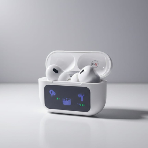 Smart LED Display ANC Earbuds in white charging case with LED display.