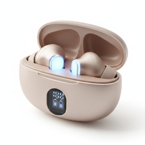 StereoEarbuds with LED Battery Display, featuring a stylish case and illuminated battery indicator.
