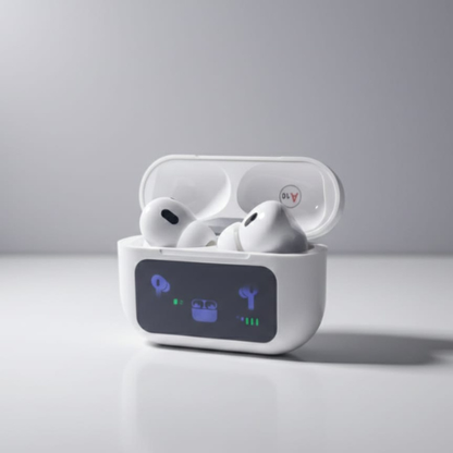 Smart LED Display ANC Earbuds in white charging case with LED display.