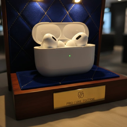 Pro 2 Airbuds – premium sound & Clear Calls displayed in a wooden stand with a blue velvet base.