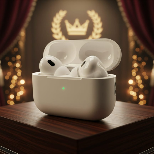 Pro 2 Airbuds – premium sound & Clear Calls in elegant white charging case on a wooden table backdrop.