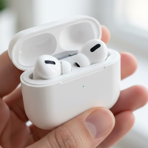 Pro 2 Airbuds – premium sound & Clear Calls in a hand, showcasing elegant white design and wireless charging case.