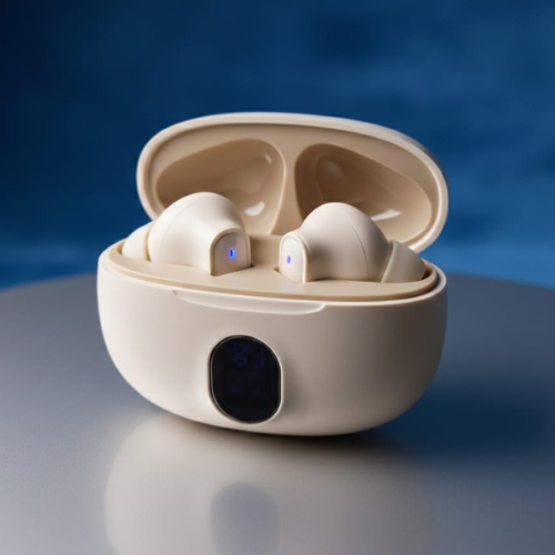 StereoEarbuds with LED Battery Display in a sleek charging case, showcasing modern design and LED battery indicator.