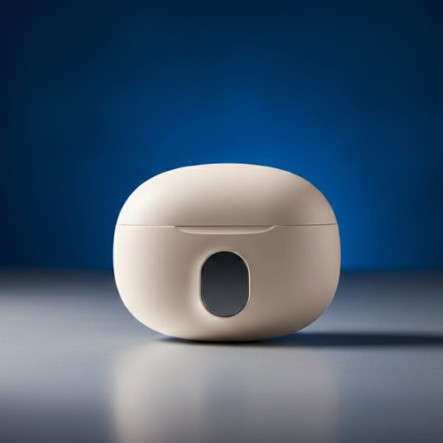 StereoEarbuds with LED Battery Display charging case on a sleek surface against a blue background.