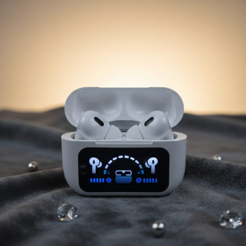 Smart LED Display ANC Earbuds in a white charging case with LED display, showcasing premium sound quality.
