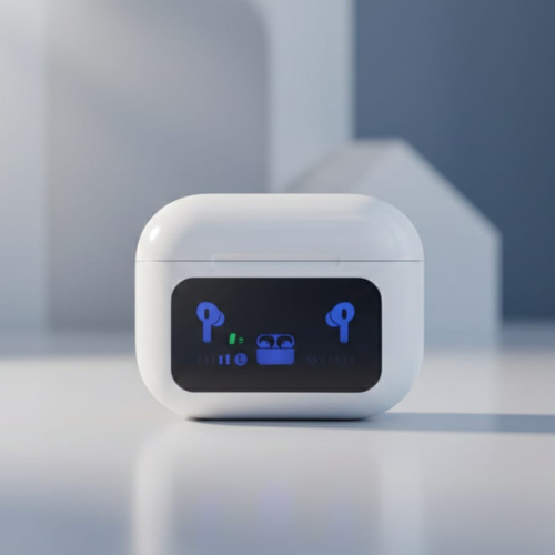 Smart LED Display ANC Earbuds charging case with LED display, showcasing premium sound design in white color.